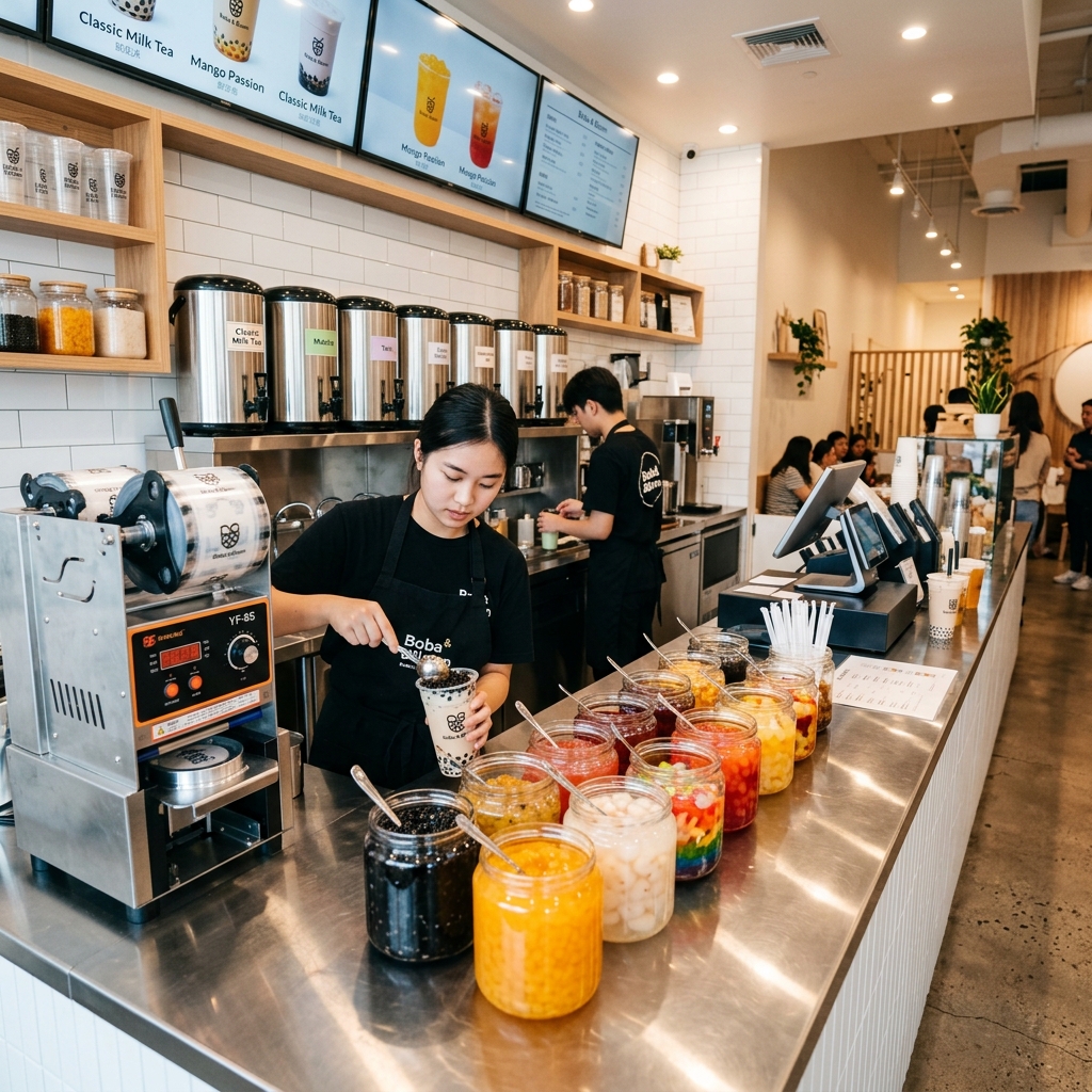Insulated tea dispensers in a bubble tea cafe