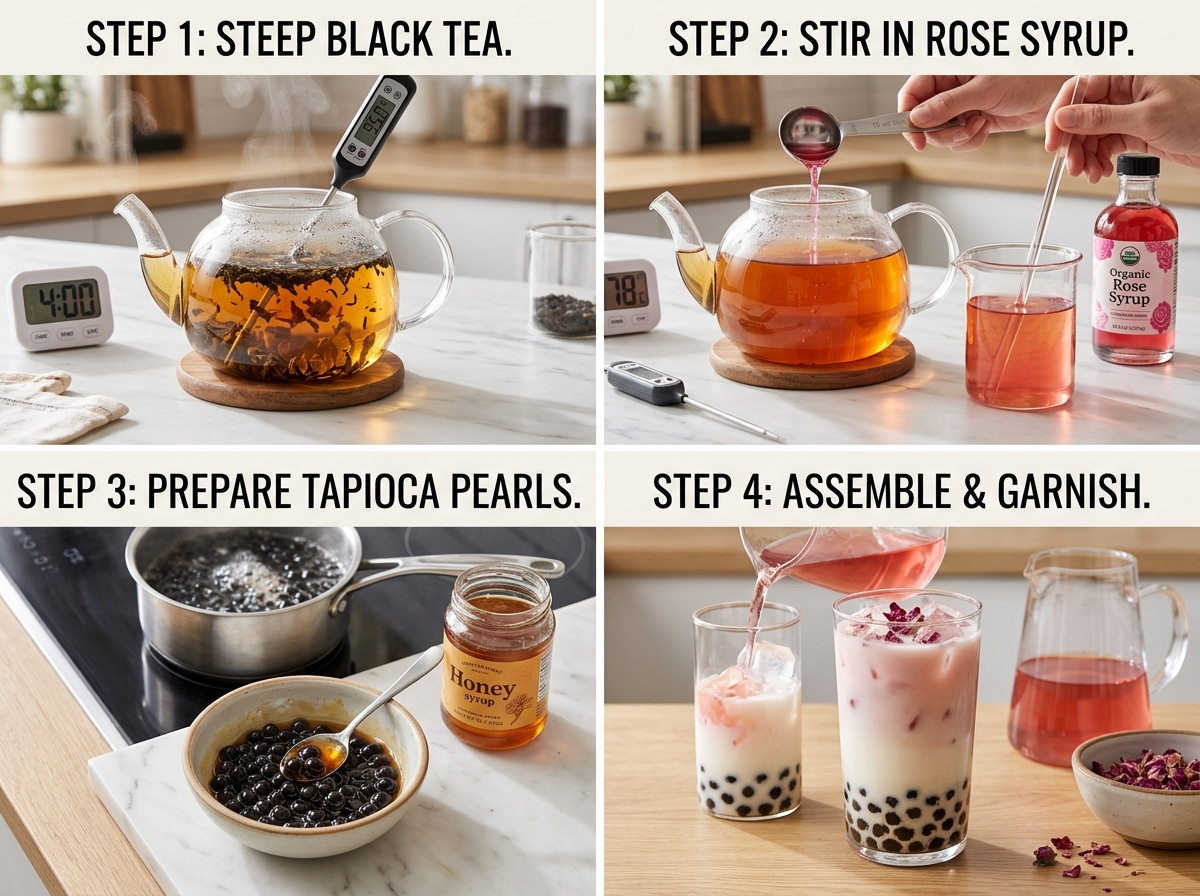 Steps for making rose milk tea with boba