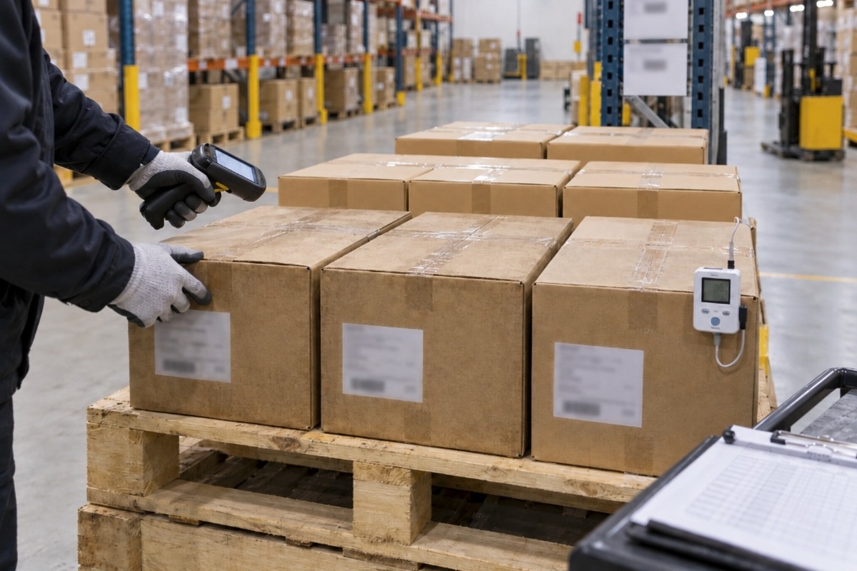 Warehouse worker checking bubble tea cases by lot and date