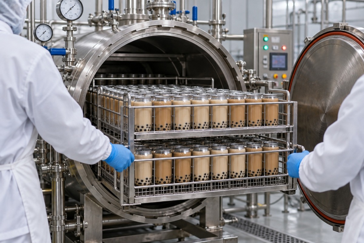 Sealed bubble tea cans entering a commercial retort system
