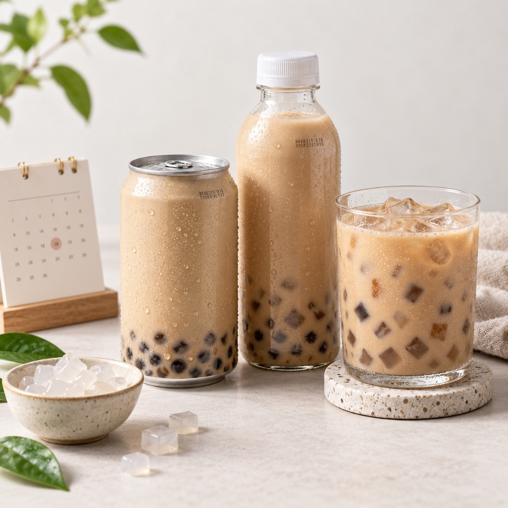Square view of canned bubble tea with shelf life indicator