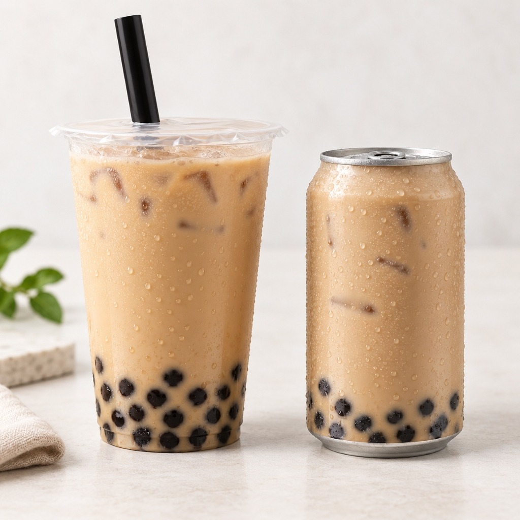 Ready-to-drink bubble tea can beside a fresh sealed cup