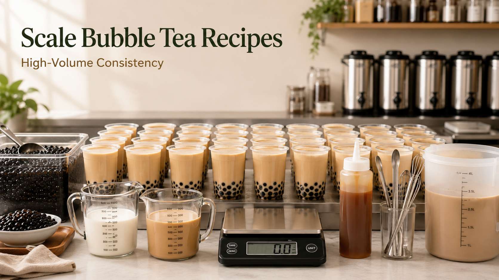 High-volume bubble tea recipe scaling with cups, pearls and measured ingredients