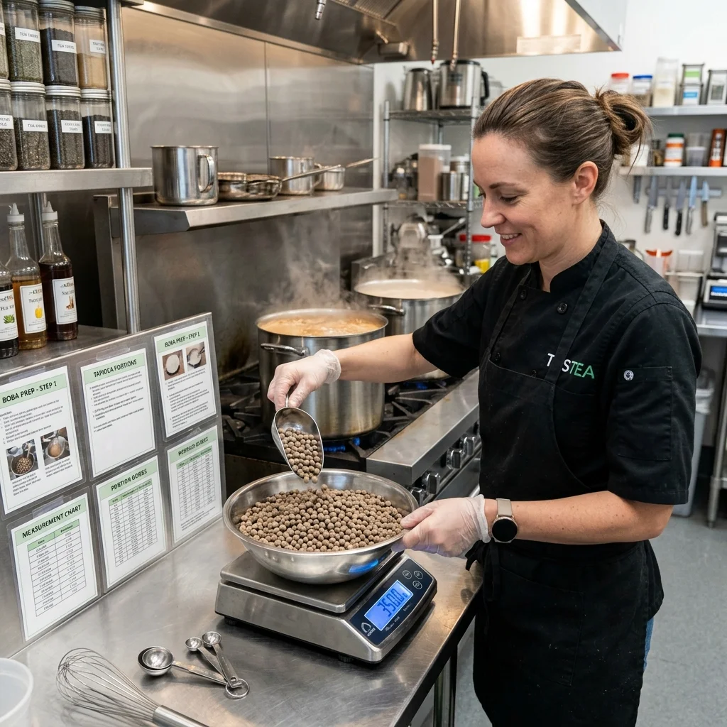 High-volume bubble tea recipe scaling with cups, syrups, and measured ingredients