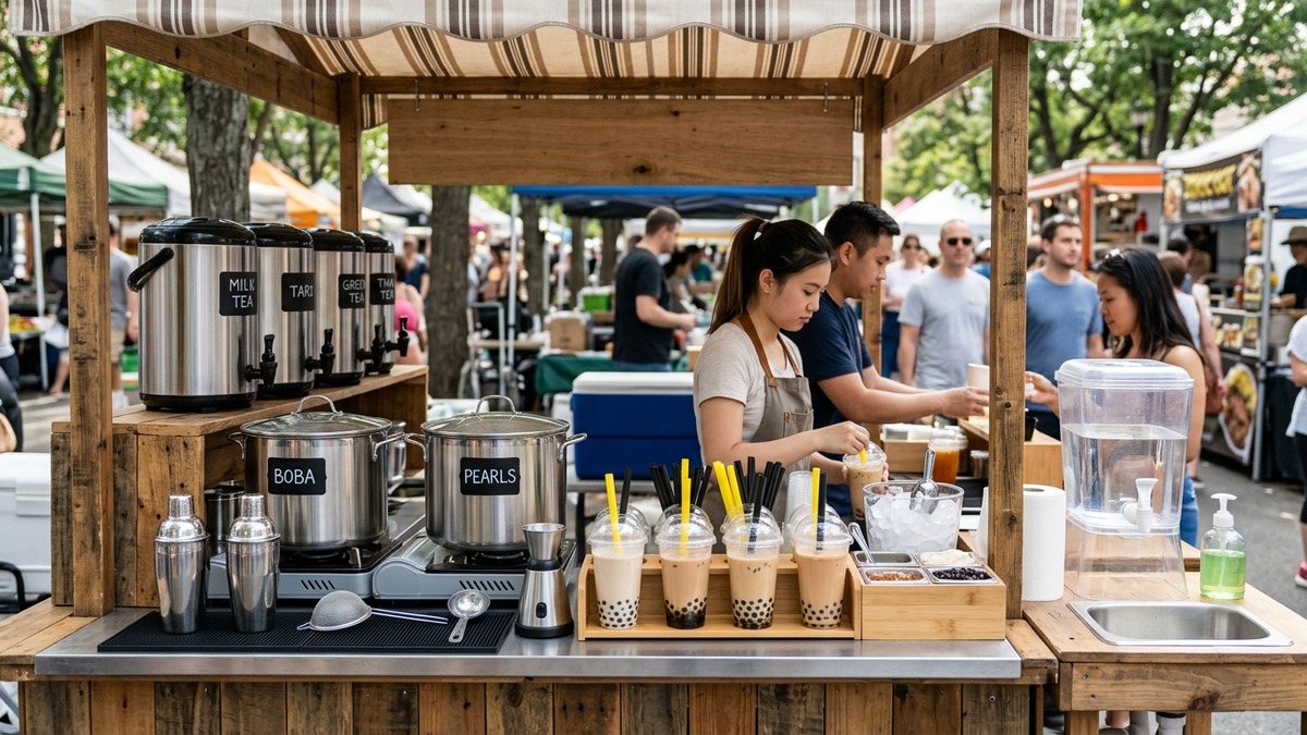 Small market stall set up to sell bubble tea without specialist equipment.