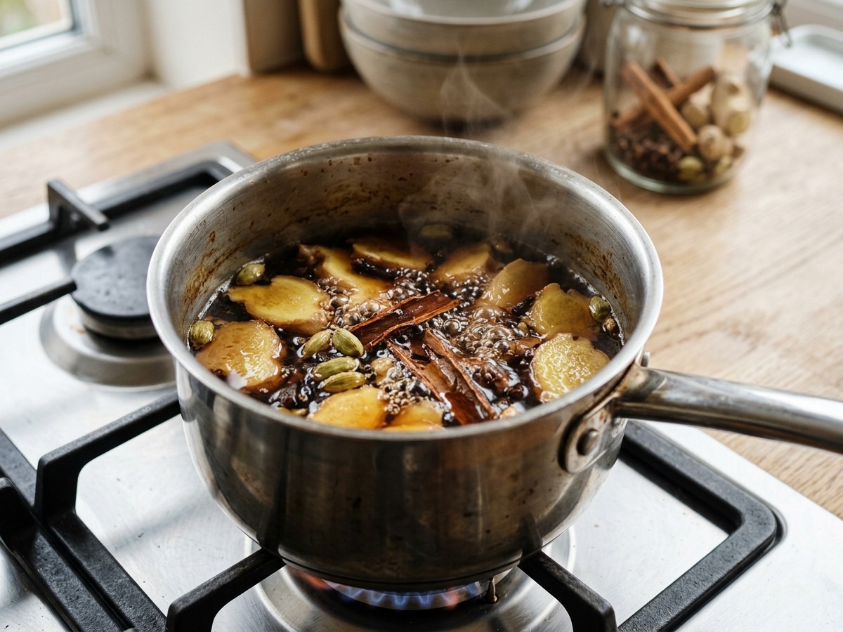 Chai spices and Assam tea simmering in a saucepan