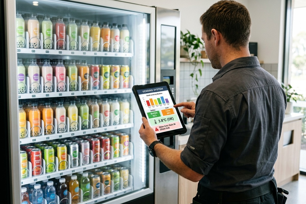 Operator checking bubble tea vending sales and temperature alerts