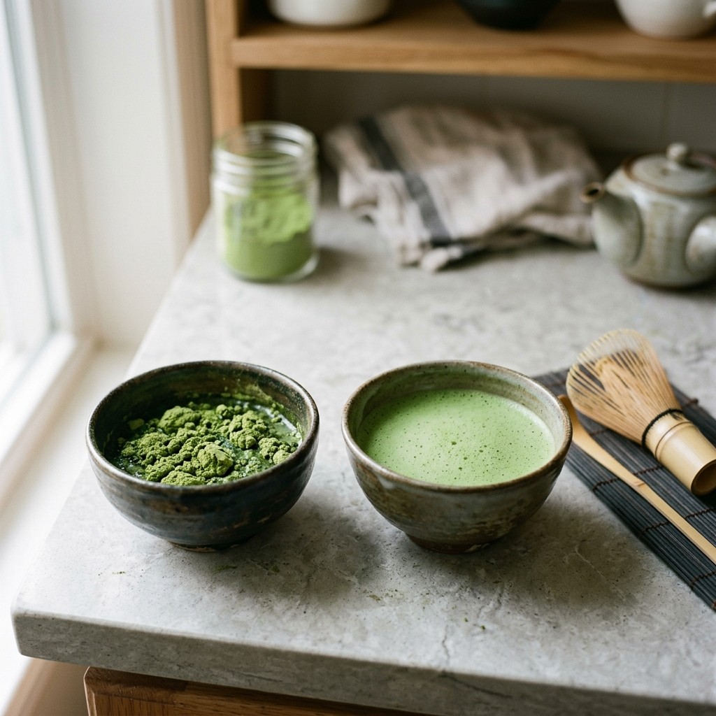 Clumpy matcha beside smooth whisked matcha