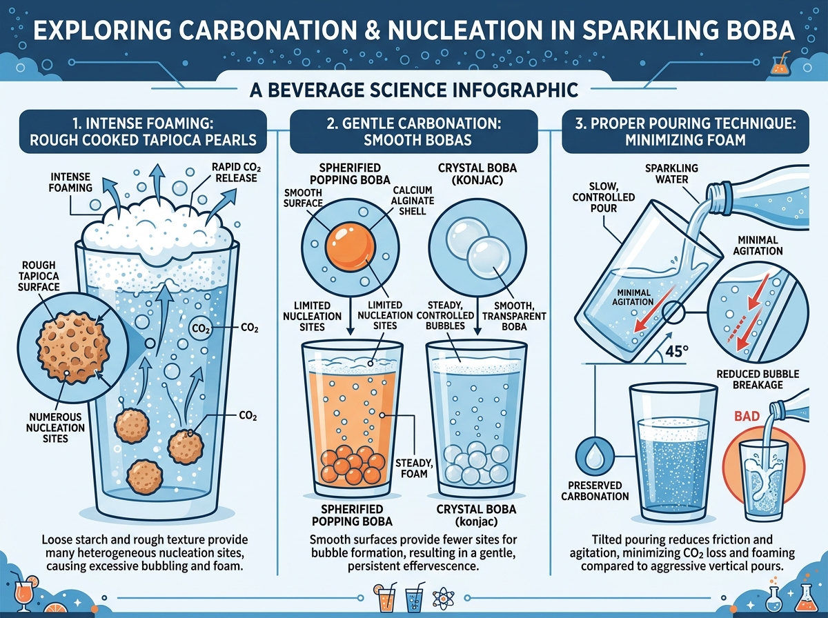 Beverage science infographic explaining carbonation and nucleation in sparkling boba comparing rough tapioca pearls with smooth popping boba and slow 45-degree wall pour