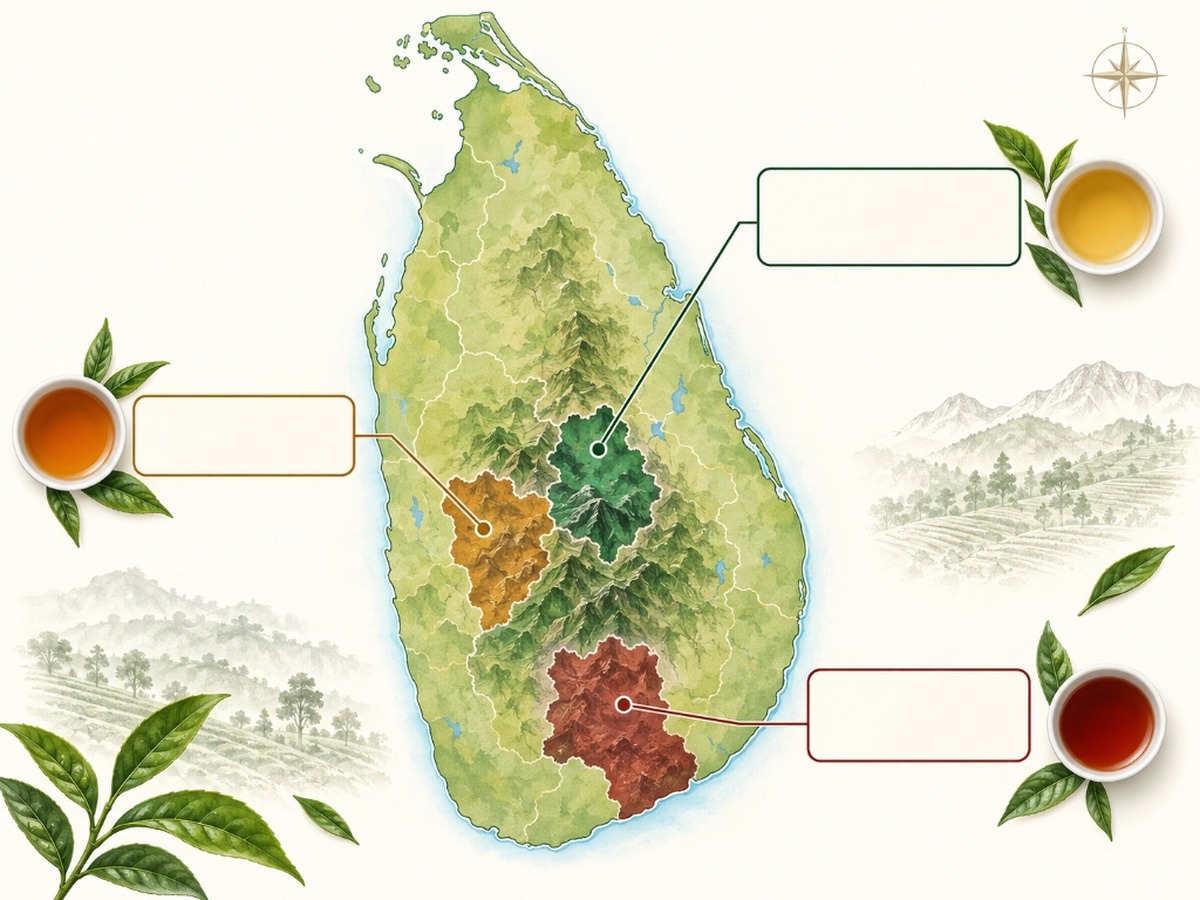 Map-style visual of Nuwara Eliya, Dimbula and Ruhuna tea regions in Sri Lanka