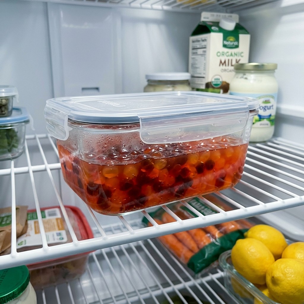 Homemade jelly boba stored in a covered container in the fridge