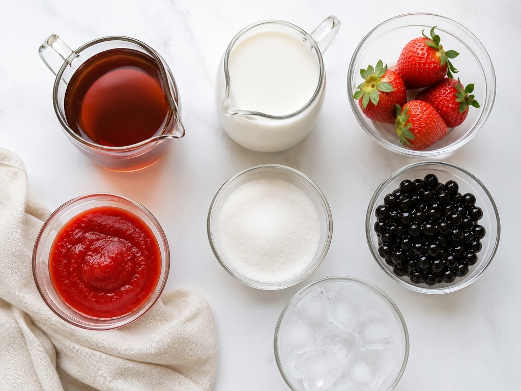 Ingredients for strawberry milk tea including fresh strawberries, milk, tea, and boba