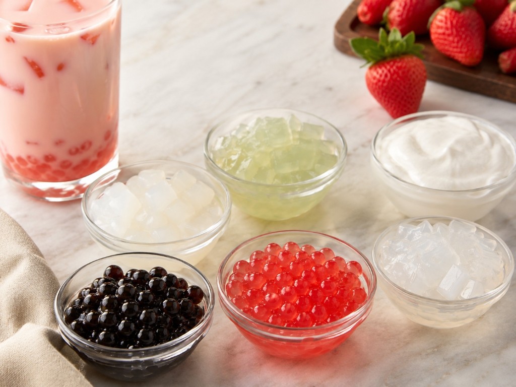Fresh strawberries and milk tea ingredients