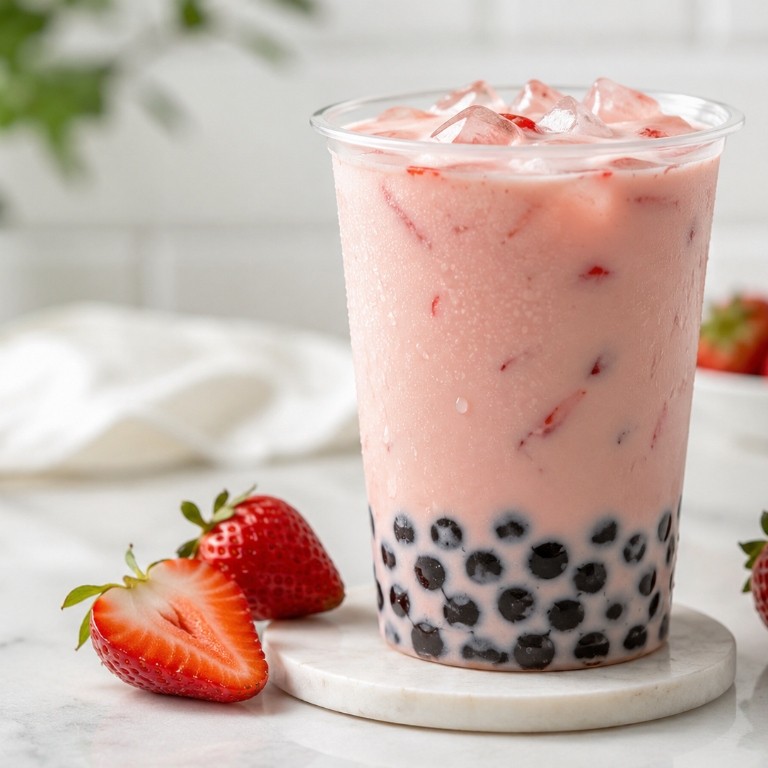 Glass of pink strawberry milk tea with tapioca pearls