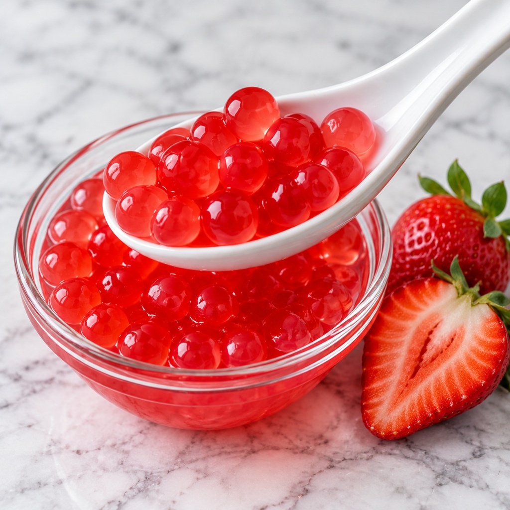 Glossy red strawberry popping boba in a white spoon with fresh strawberries