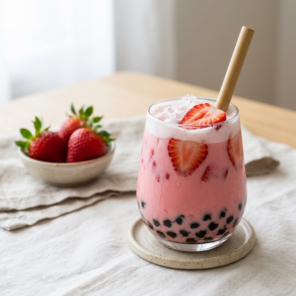 Fresh strawberries and milk tea ingredients