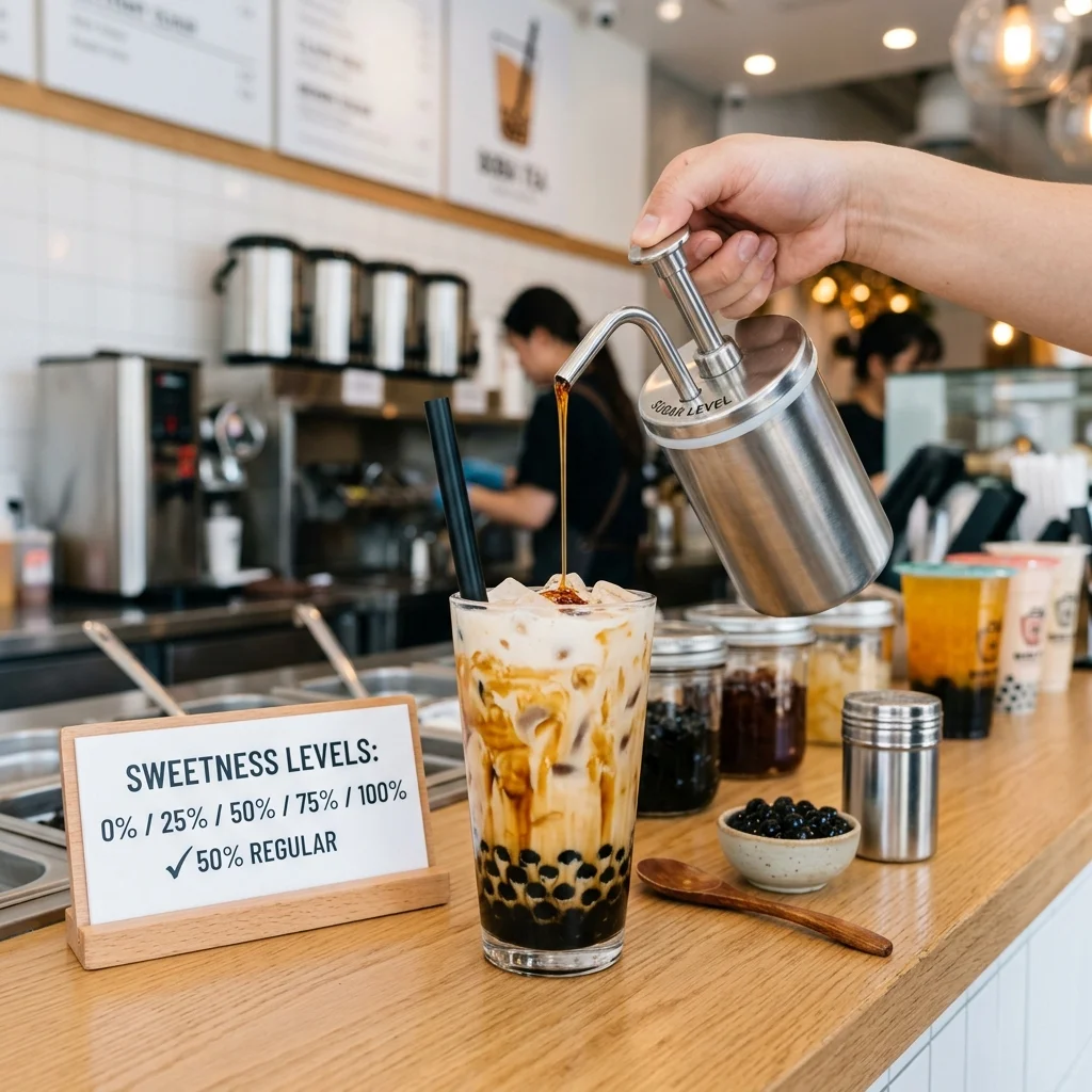 Sweet fructose syrup pump dispenser at a bubble tea shop