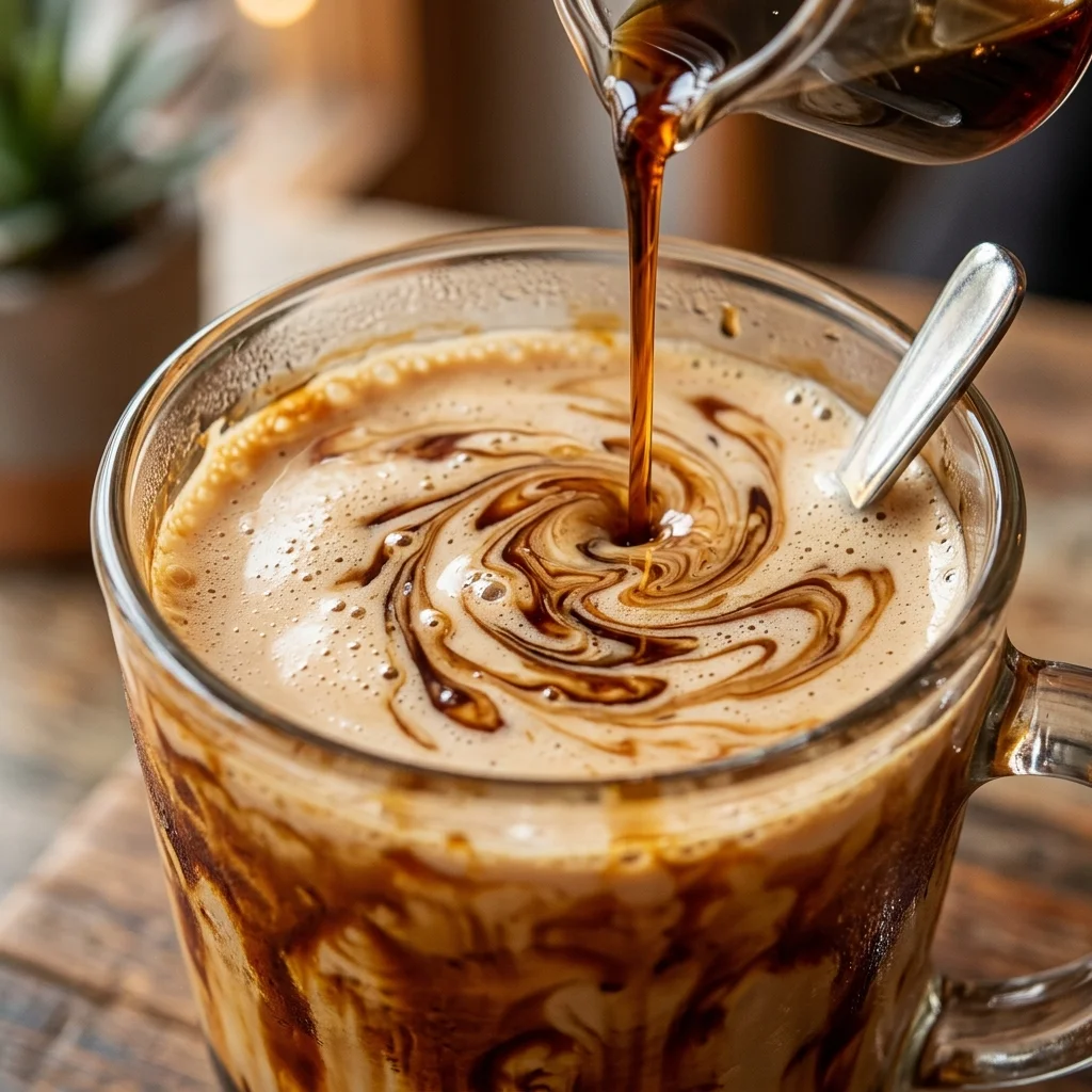 Brown sugar syrup swirling into creamy milk boba tea