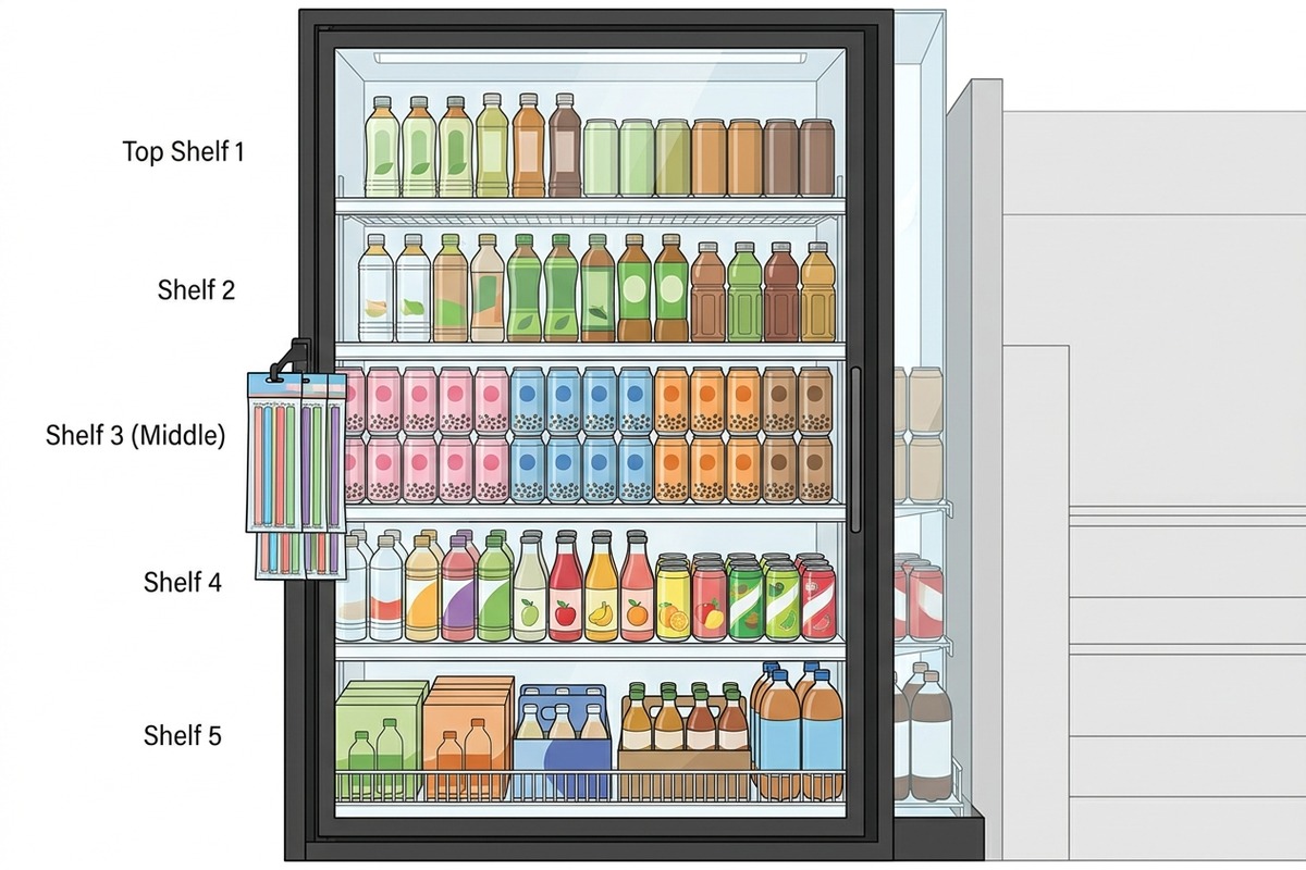 Five-shelf supermarket cooler planogram for ready-to-drink bubble tea