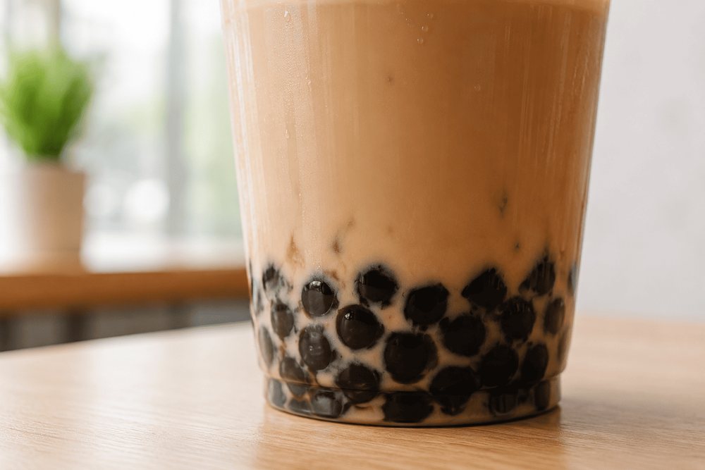 Tapioca pearls at the bottom of a classic milk tea cup.