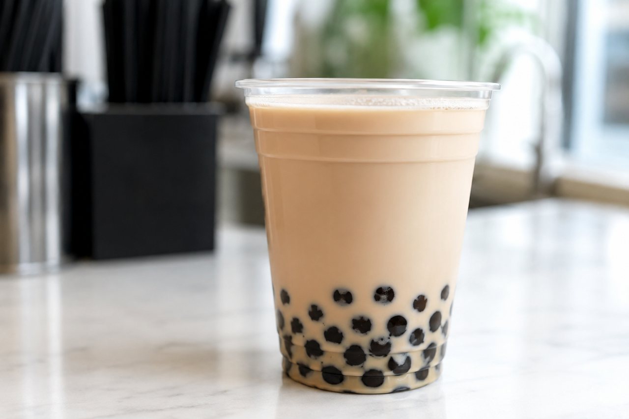 Milk tea with dark tapioca pearls at the bottom.