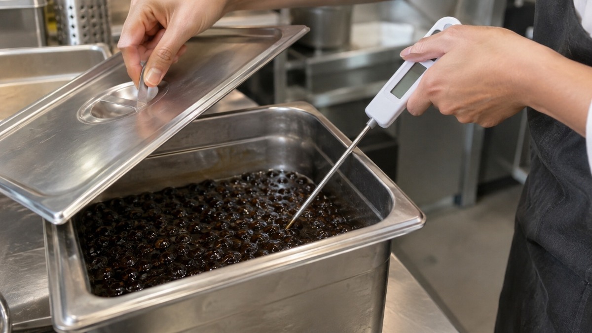 Worker checking tapioca pearl temperature with a clean probe thermometer.