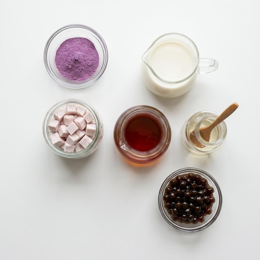 Taro milk tea ingredients including taro base, milk, syrup, and tapioca pearls.