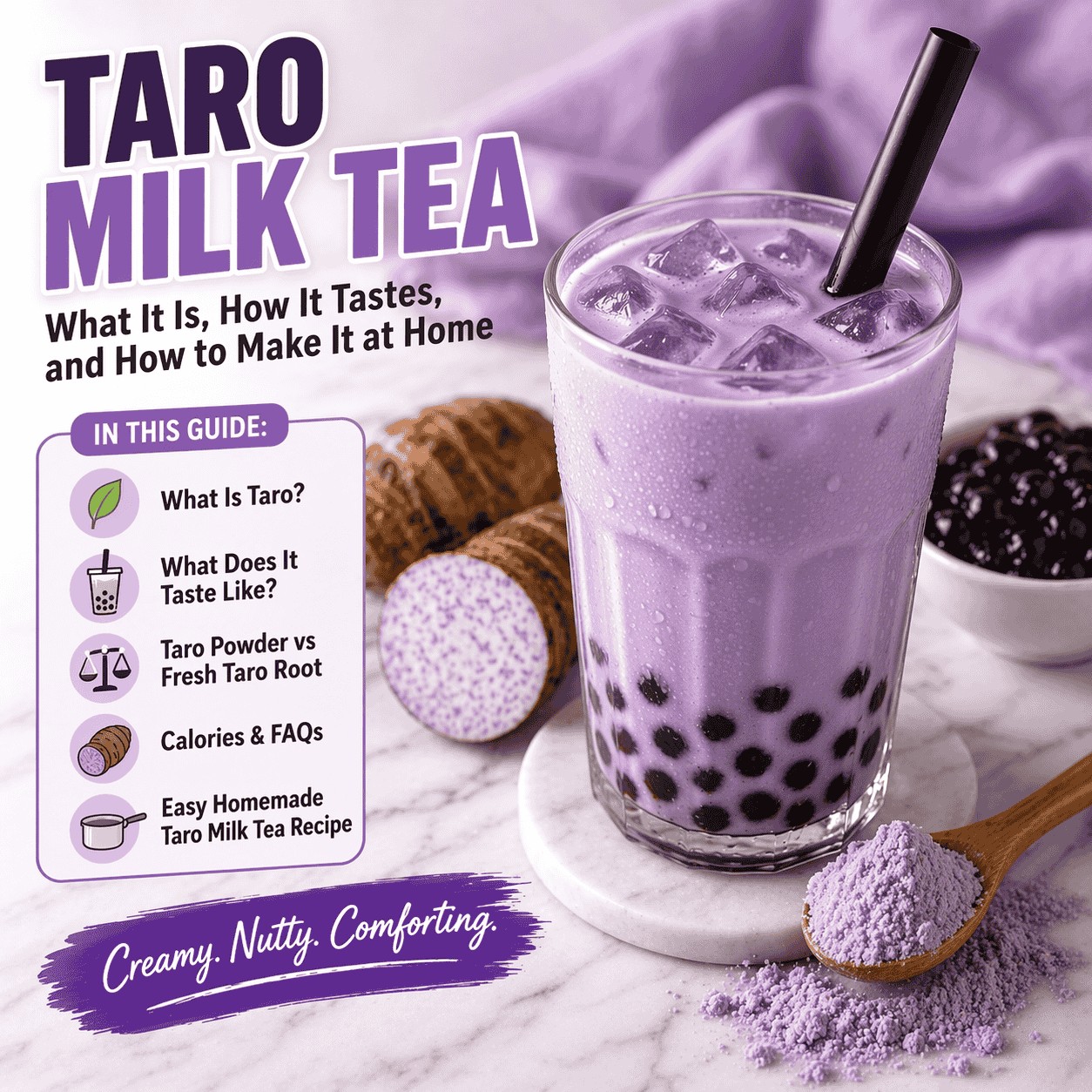 Close-up of taro milk tea showing its signature light purple color and tapioca boba toppings