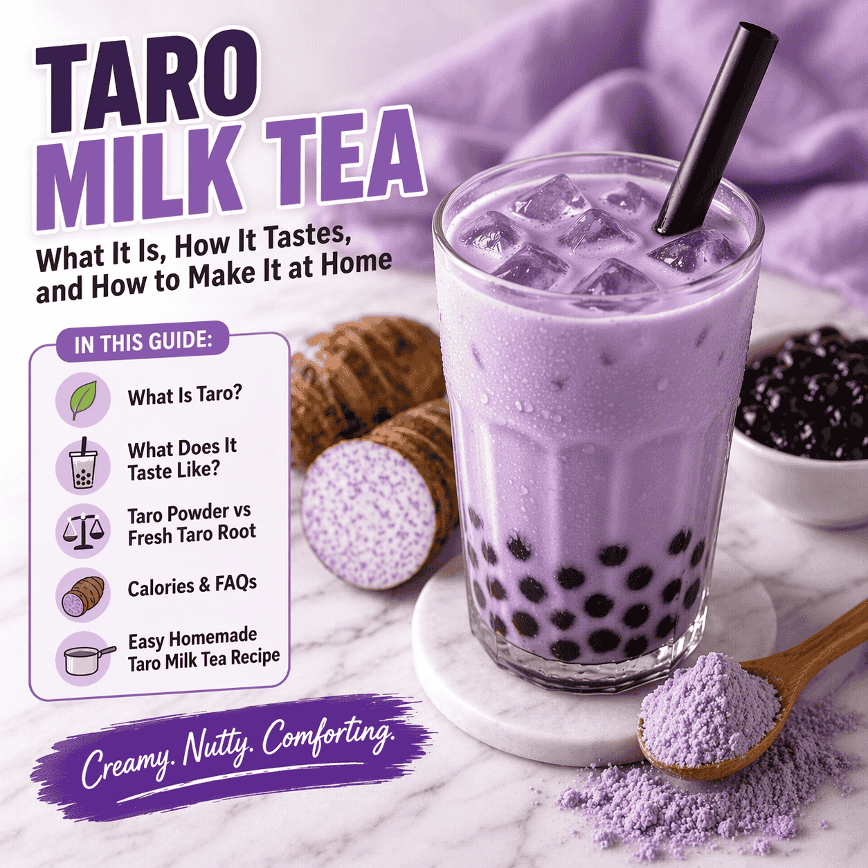 Purple taro milk tea with black tapioca pearls, taro root, taro powder, and text explaining what taro milk tea is and how to make it at home.