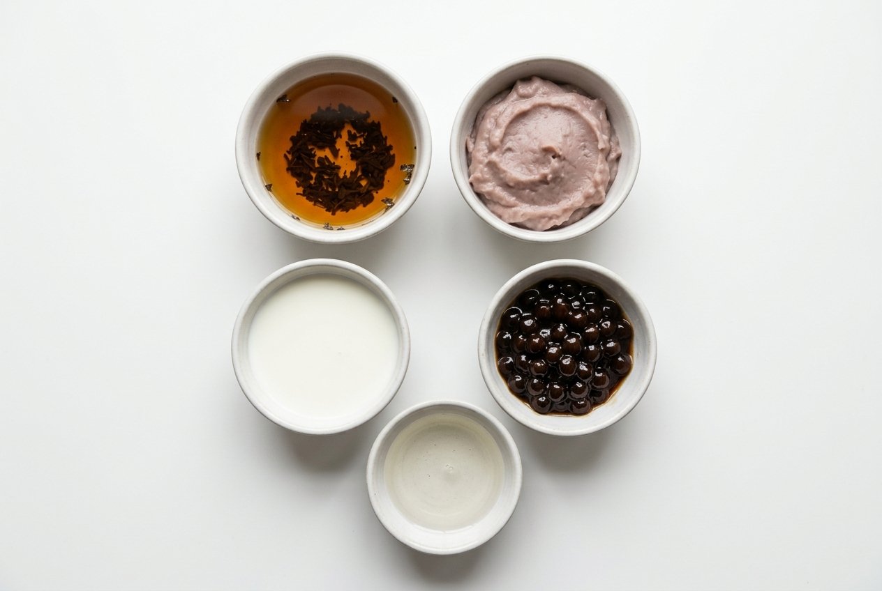 Taro milk tea ingredients including tea milk taro sugar and boba