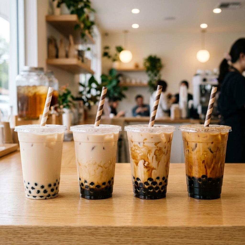 Taro milk tea cups showing different sugar levels.