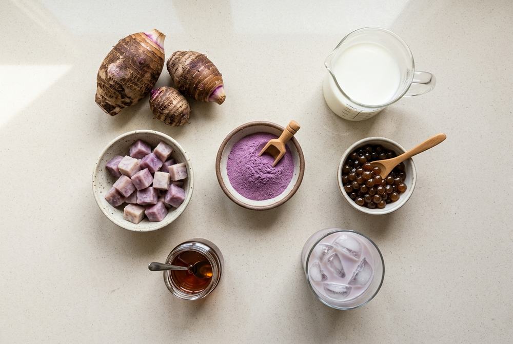 Fresh taro, taro powder, milk, ice, and sweetener for taro shake