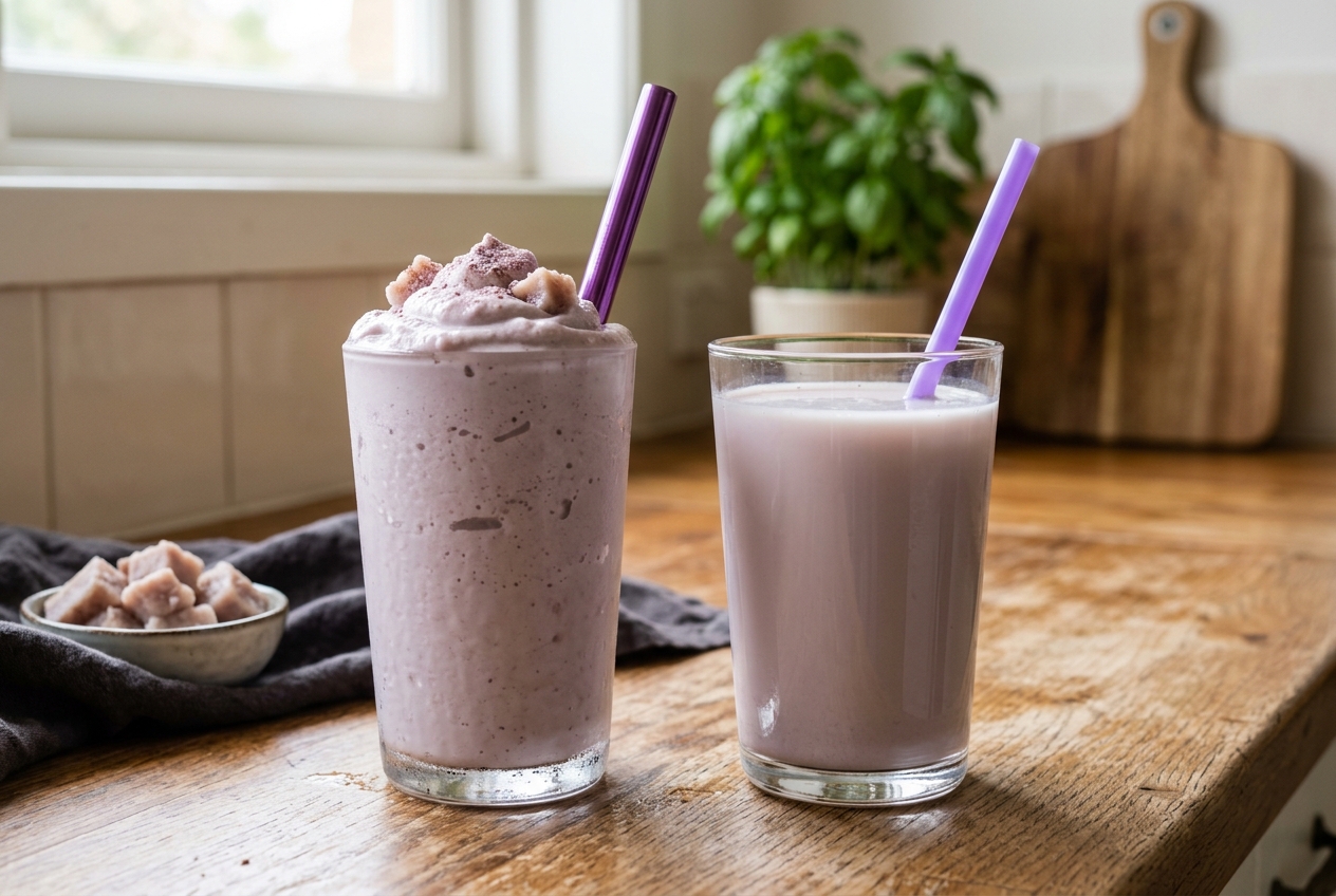 Step-by-step taro shake recipe result showing smooth purple drink with boba pearls in clear glass with ice cubes