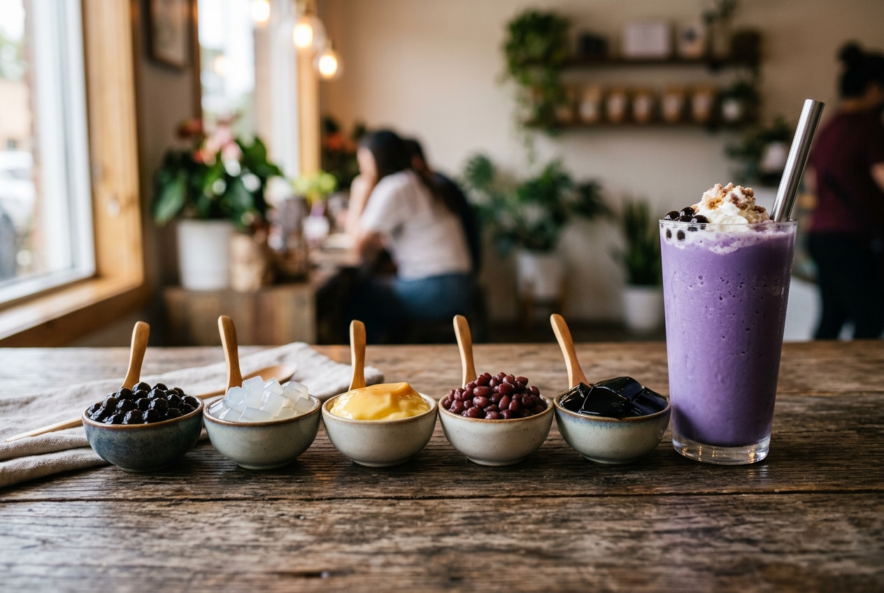 Tapioca pearls, coconut jelly, pudding, and red bean toppings for taro shake