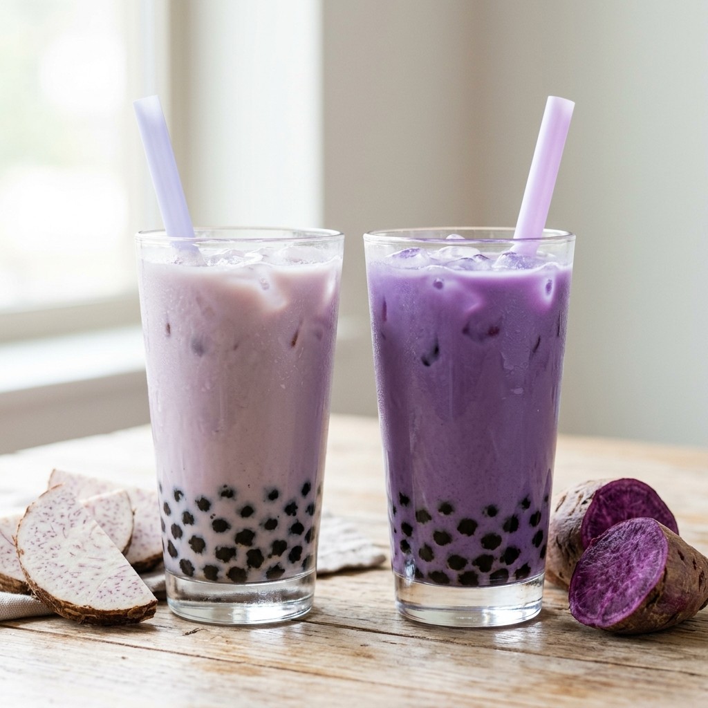 Taro milk tea and ube milk tea shown side by side