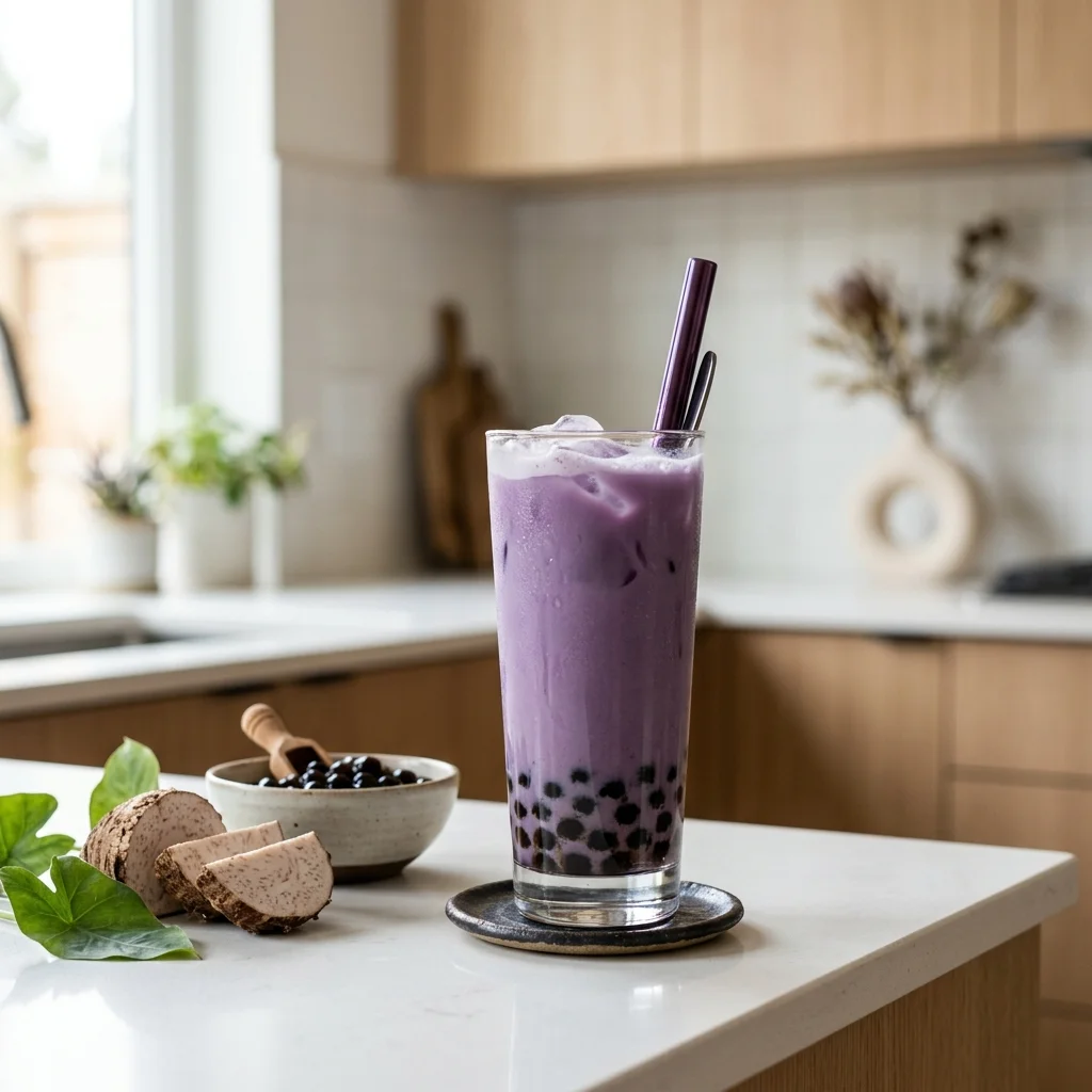 A glass of purple taro milk tea with boba pearls