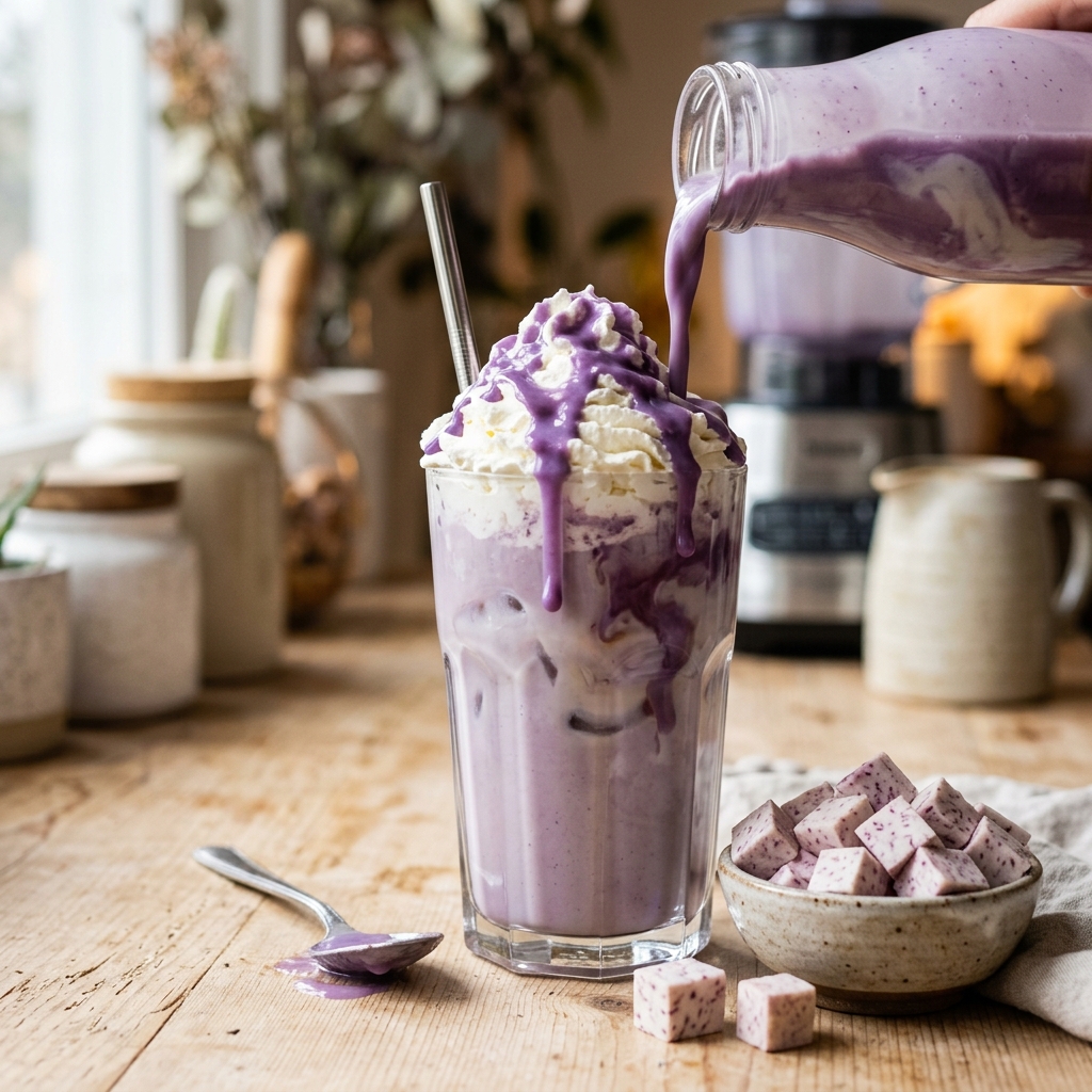 Step-by-step taro shake recipe result showing smooth purple drink with boba pearls in clear glass with ice cubes