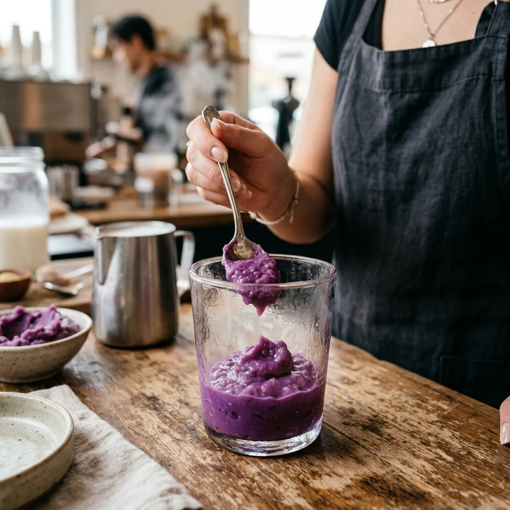 Sweet purple taro paste layered in milk tea glass