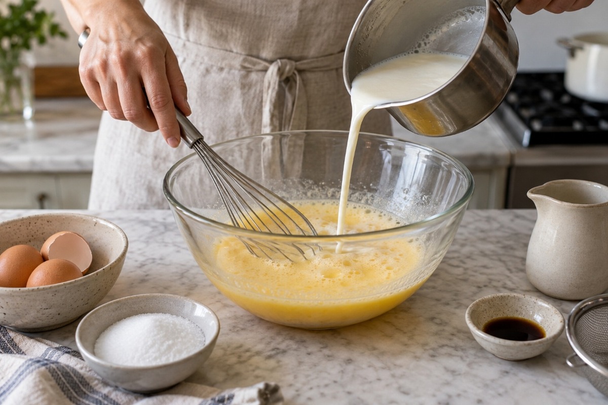 Warm milk poured slowly into eggs for boba pudding custard