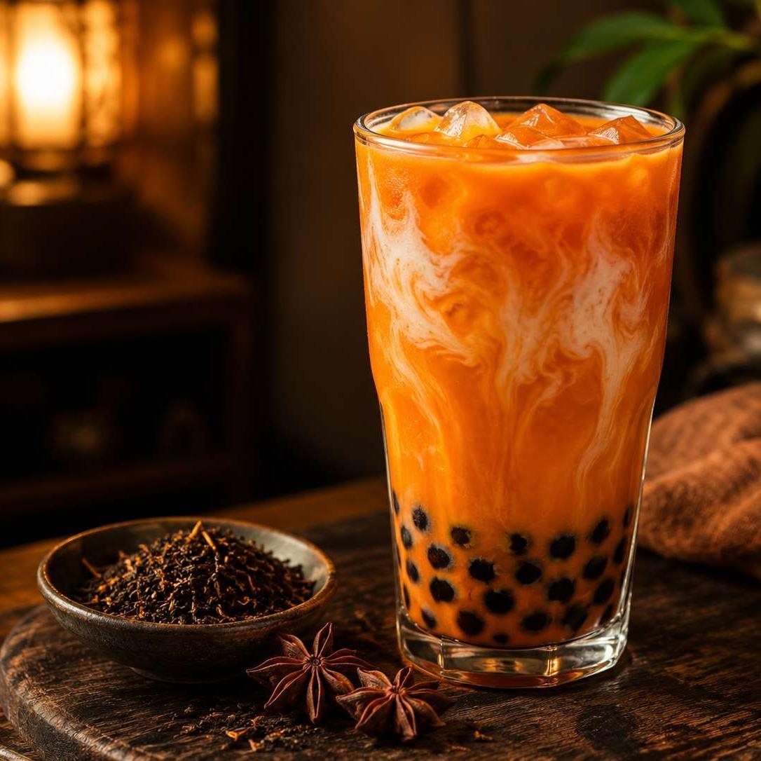 Thai iced tea in a clear glass for comparing Thai tea calories.