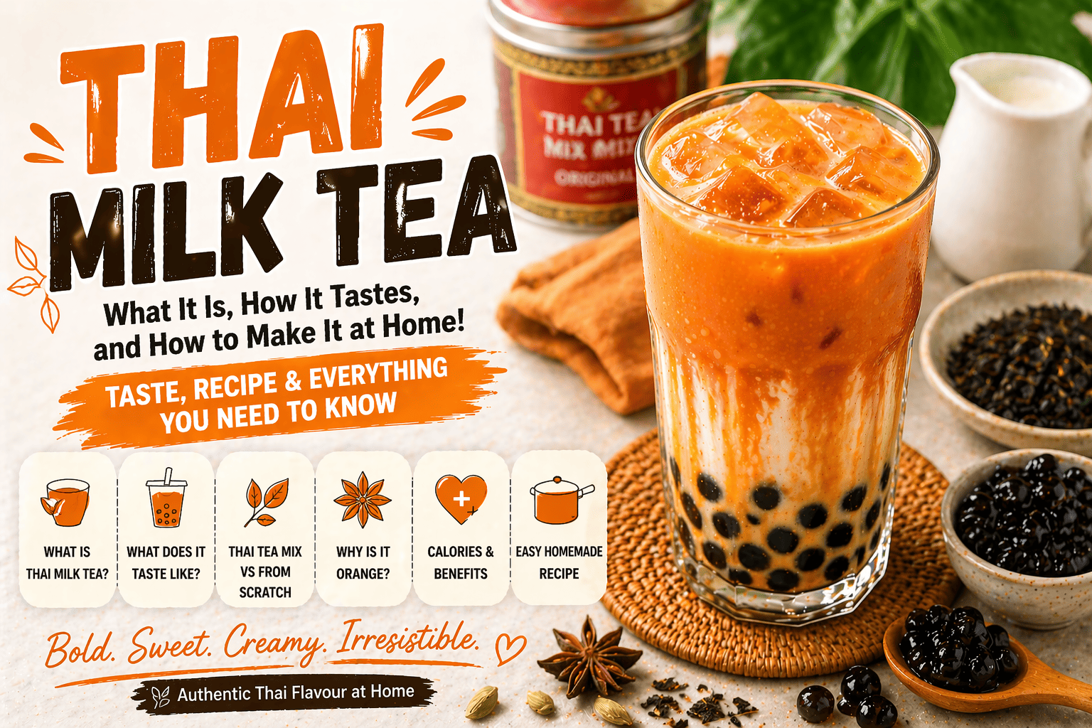 Featured image of iced Thai milk tea with black tapioca pearls, Thai tea mix, spices, and text explaining what Thai milk tea is and how to make it at home.
