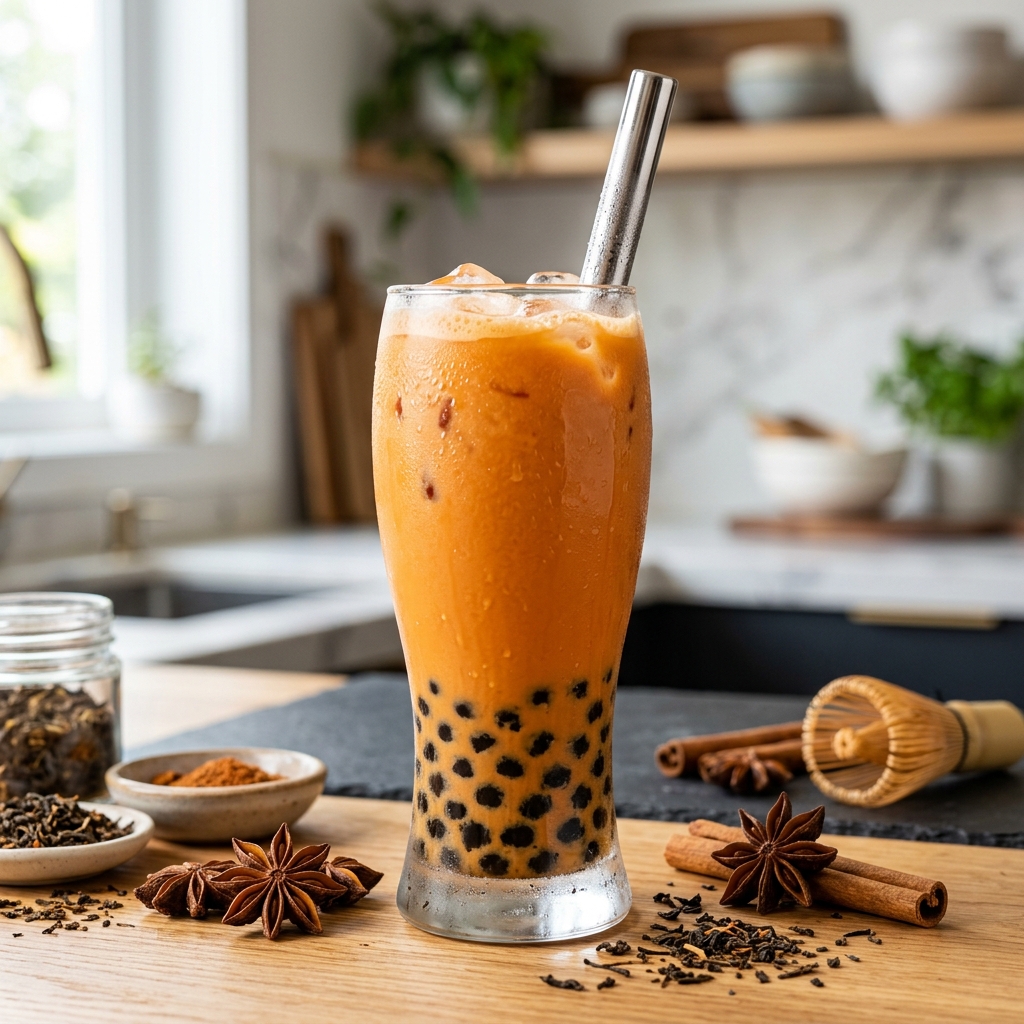 Glass of orange Thai bubble tea with black tapioca pearls on a modern counter with spices