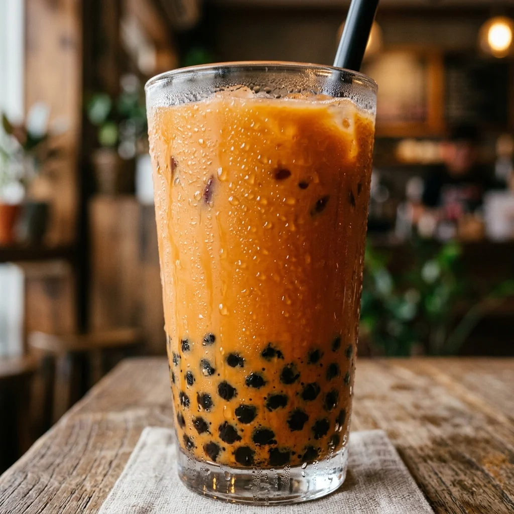 Thai bubble tea with popping boba showing calorie and sugar information