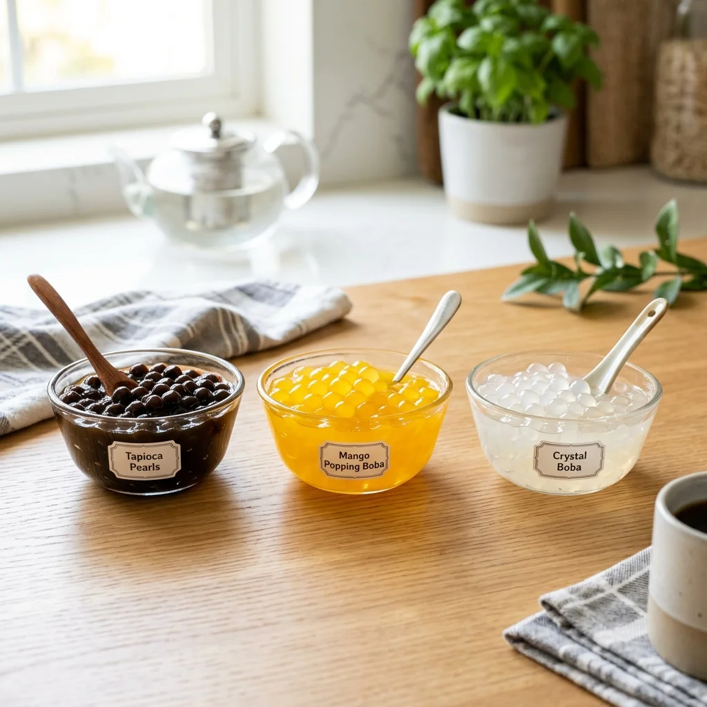 Comparing bubble tea toppings in glass bowls