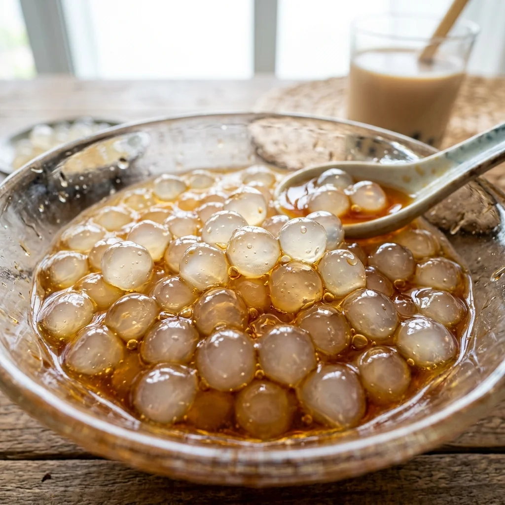 Shimmering translucent crystal boba pearls