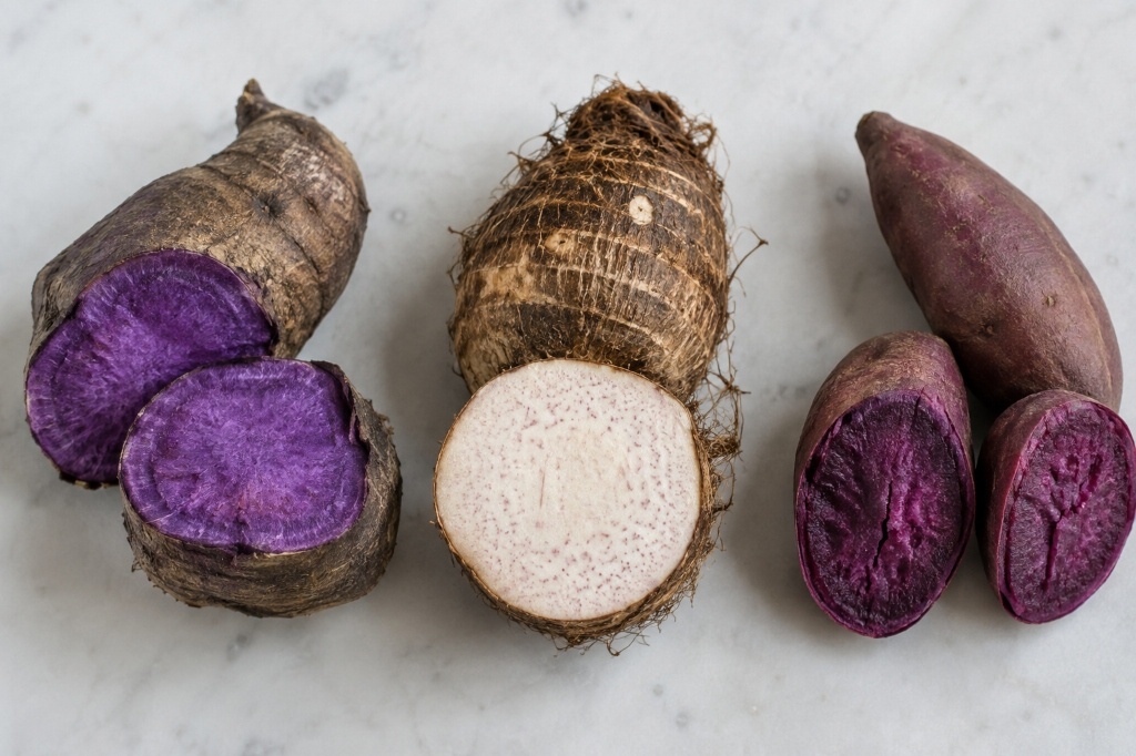 Cut ube yam, taro corm and purple sweet potato showing different skin and flesh