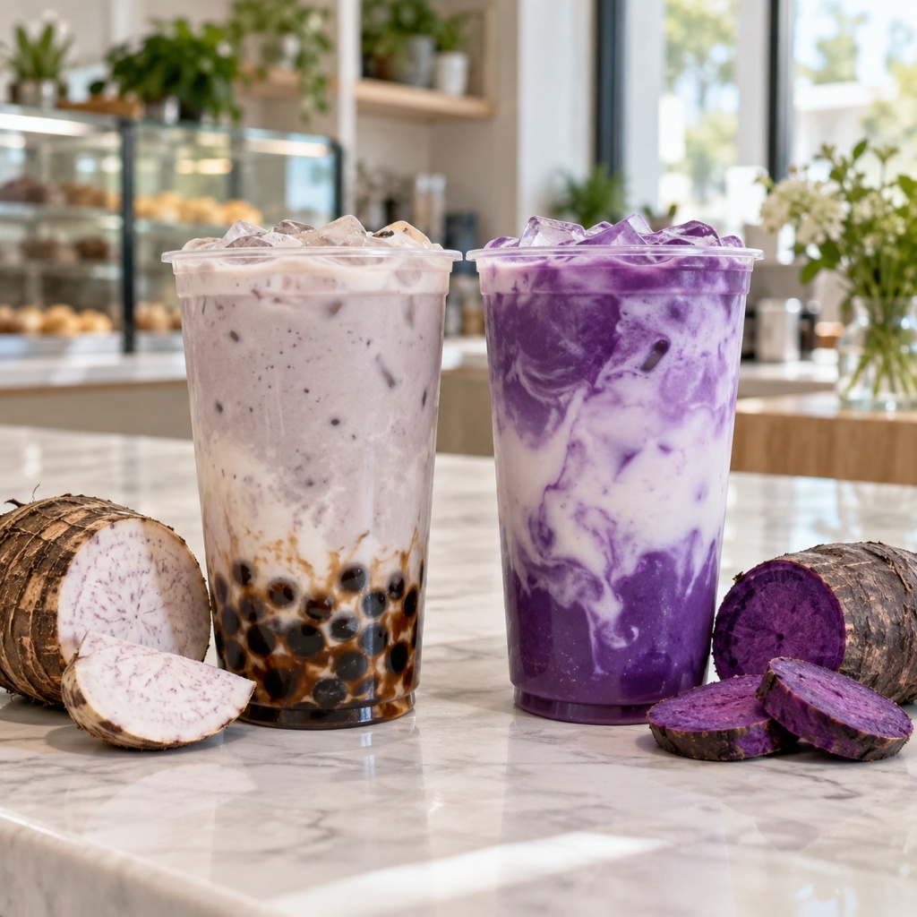 Square view of purple ube and pale taro boba drinks with tapioca pearls