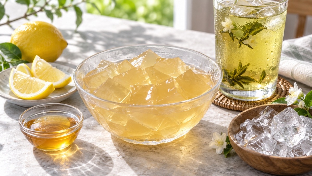 Aiyu jelly with lemon, honey and iced jasmine green tea.