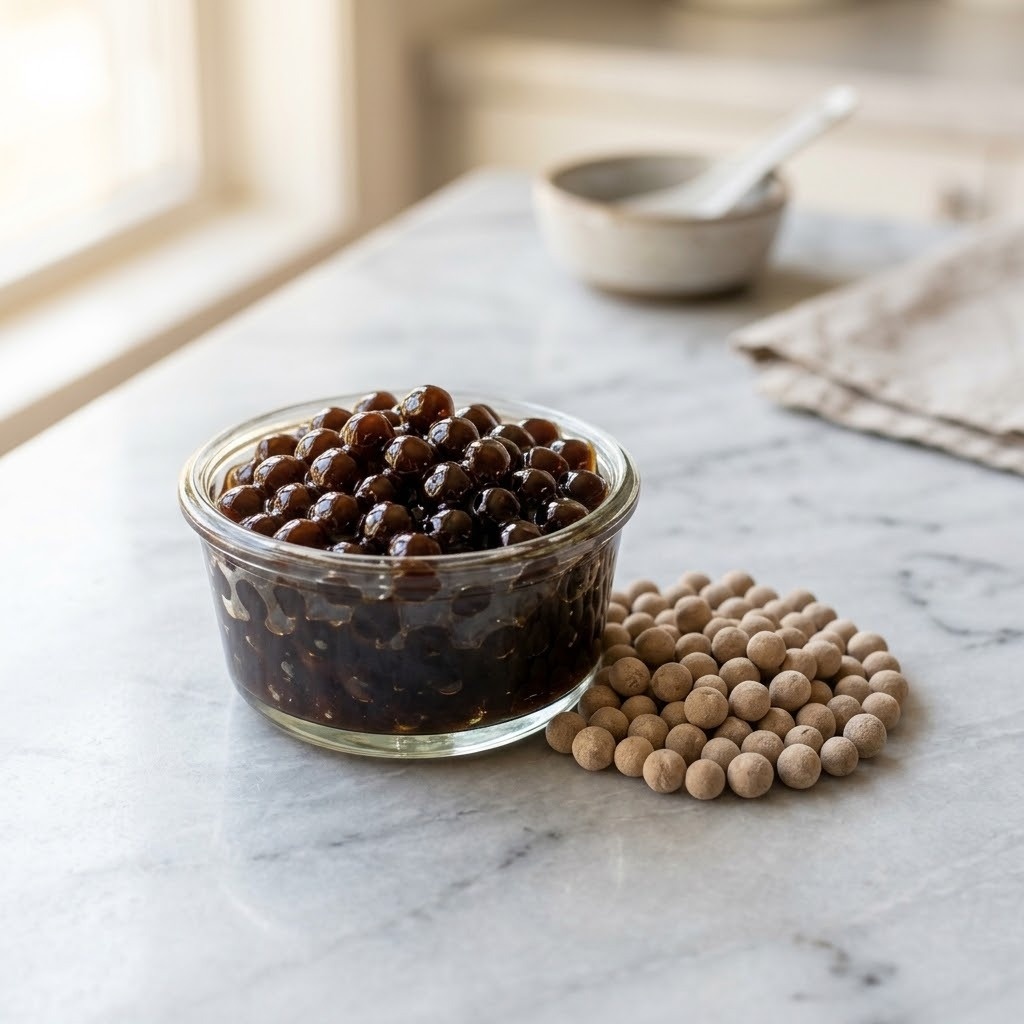 Cooked shiny black tapioca boba pearls beside dry uncooked tapioca pearls
