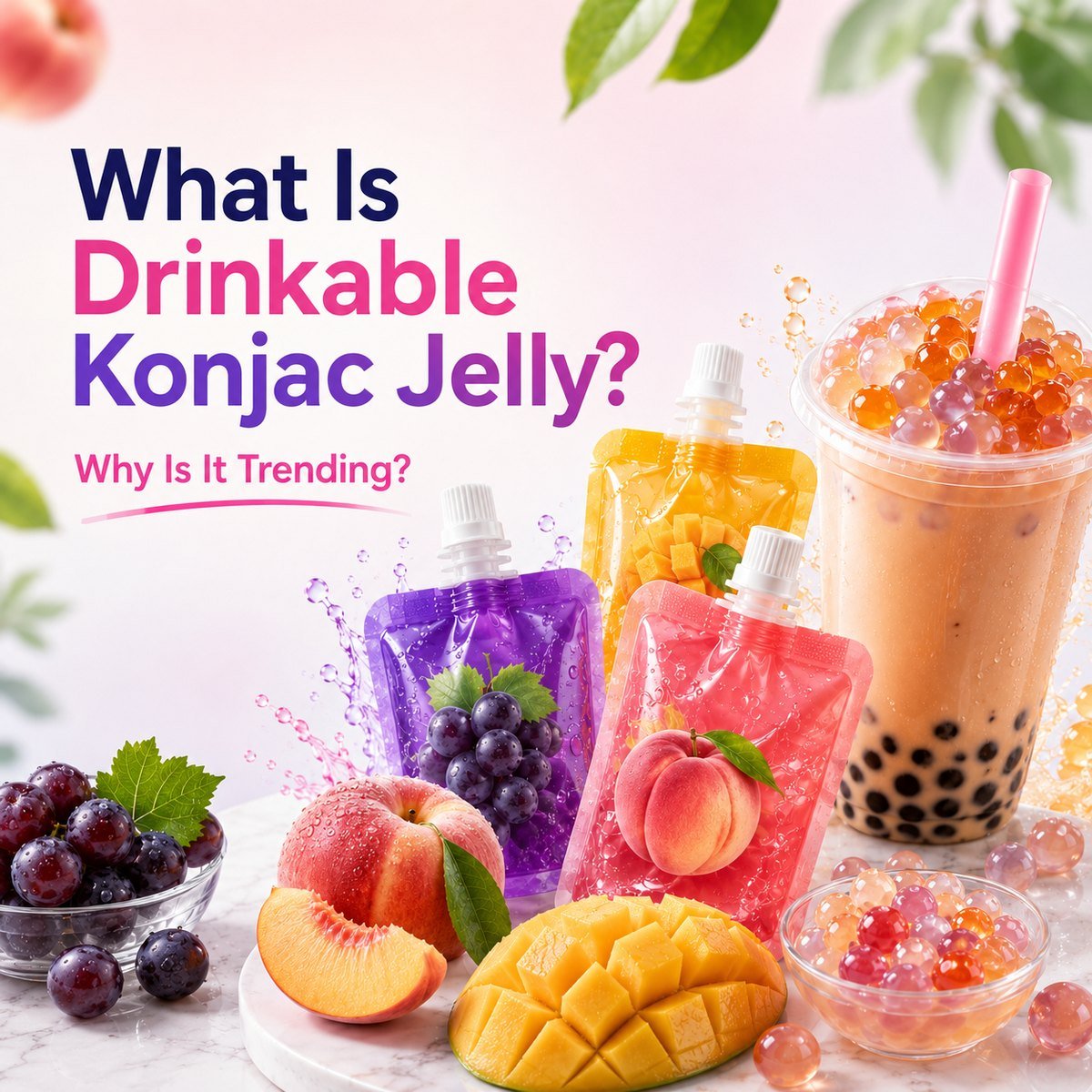 Drinkable konjac jelly pouches with bubble tea, fruit and jelly pearls